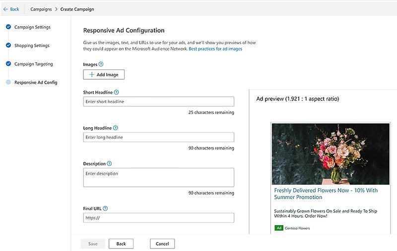 Screenshot of the Responsive Ad set up page for shopping campaigns.
