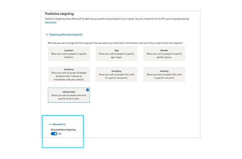 Predictive Targeting interface with toggle button highlighted.