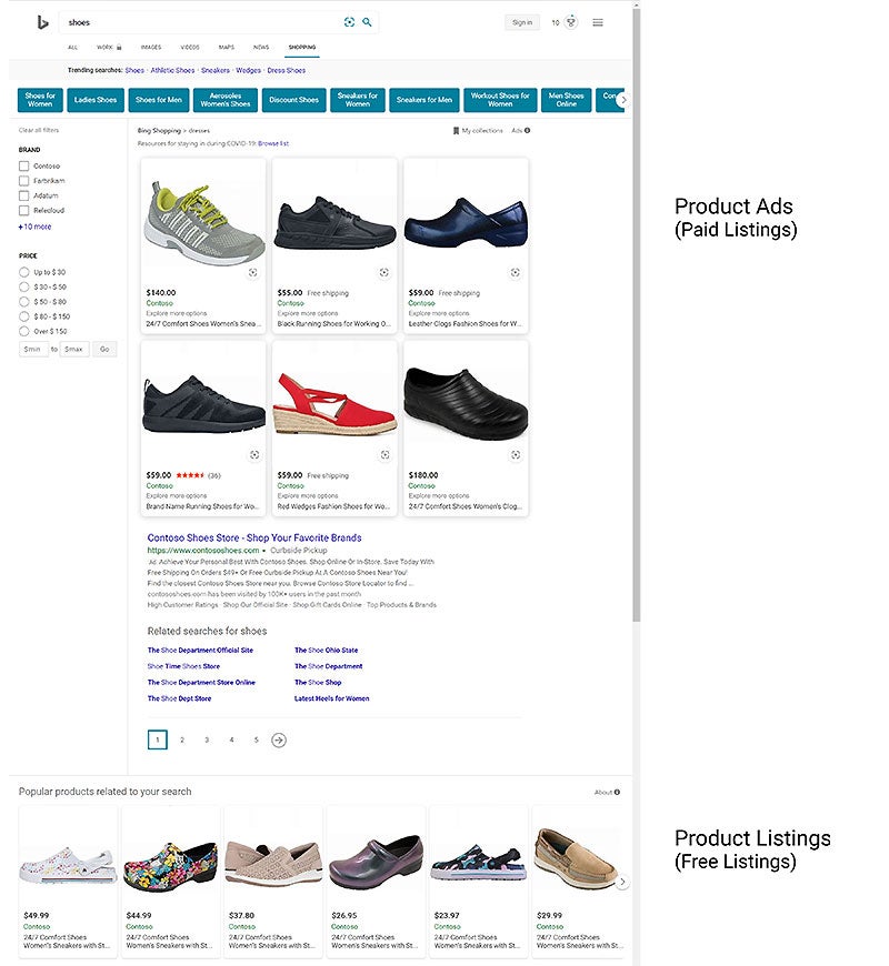 Product view of paid Product ads and free Product Listings on the Bing Shopping site.