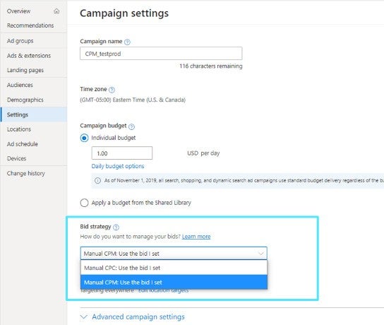 Snapshot of the manual CPM bid strategy selection platform.