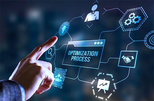 A hand points at a diagram titled optimization process.