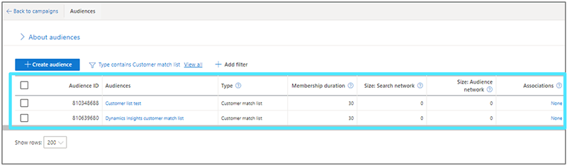 Product view of the where to find the new Dynamics 365 Customer Insights segment in the Microsoft Advertising interface.