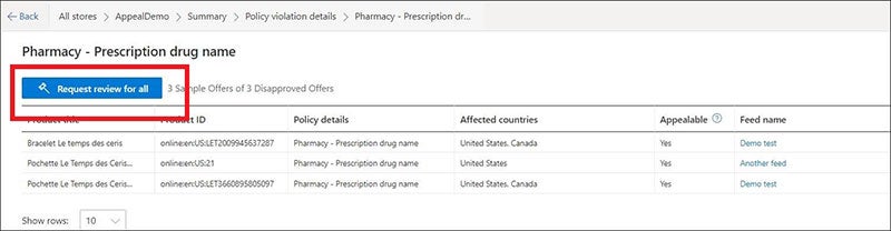 Product view of the Policy violation details request review info interface.