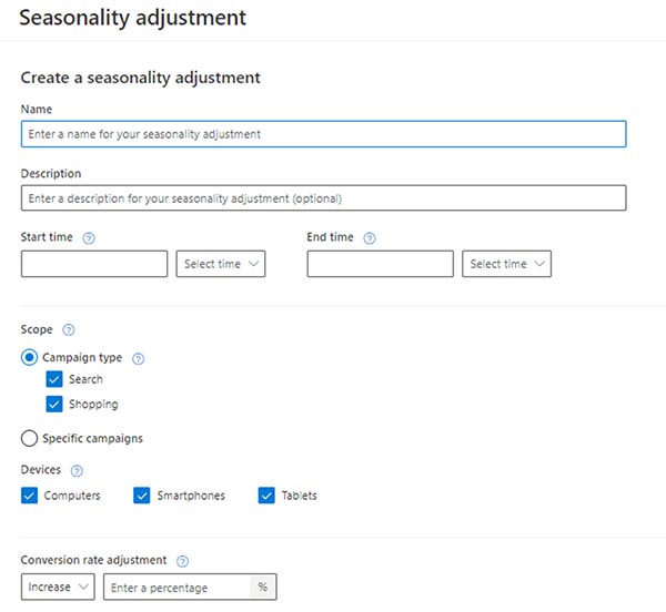 Snapshot of the seasonality adjustment for bid in the Microsoft Advertising platform.