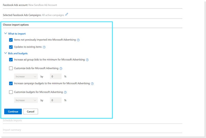 Product view of the Choose import options panel.