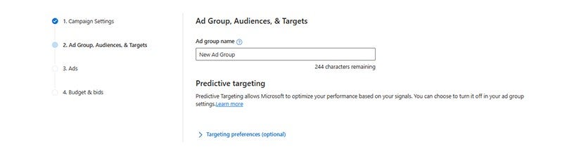 Settings panel to create an ad group.