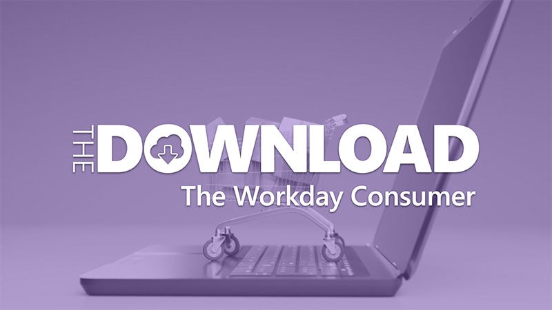 Text &quot;The Download: The Workday Consumer&quot; over a laptop computer.