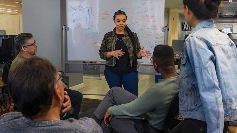 A woman stands in front of four people and explains something to them with the help of a whiteboard.